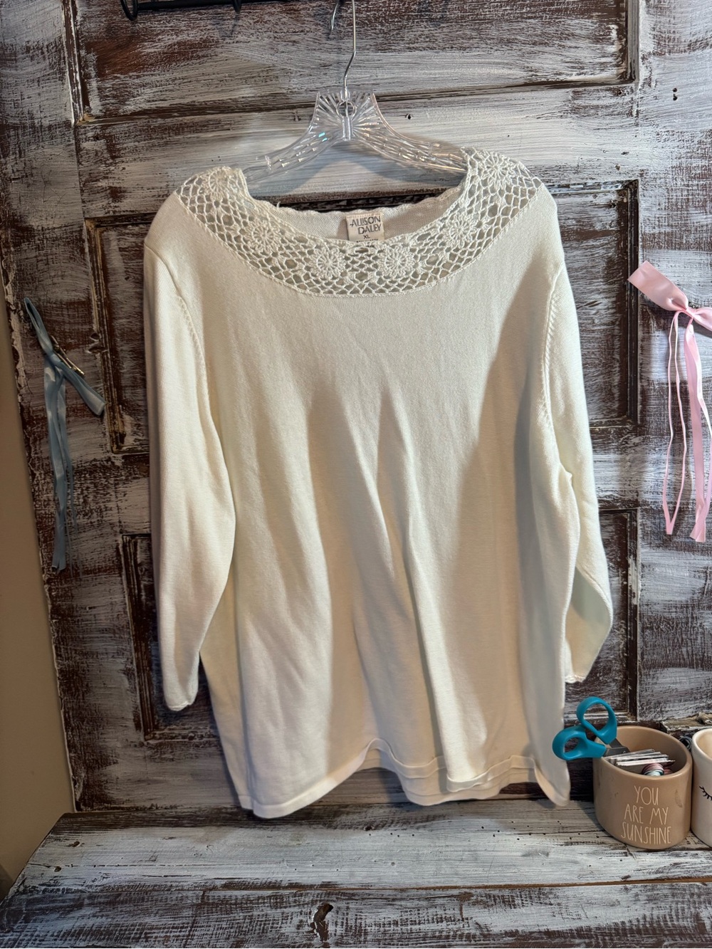 Allison Daley Cream Crochet-Trim Long Sleeve Top